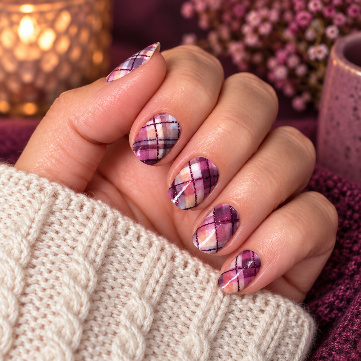 Burgundy Plaid Exclusive Design Nail Wraps (GLITTER LINES)