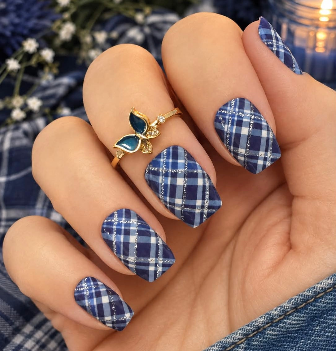 Navy Plaid Exclusive Design Nail Wraps (GLITTER)